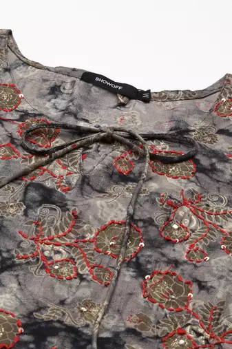 women's calf length keyhole neck grey floral straight kurta