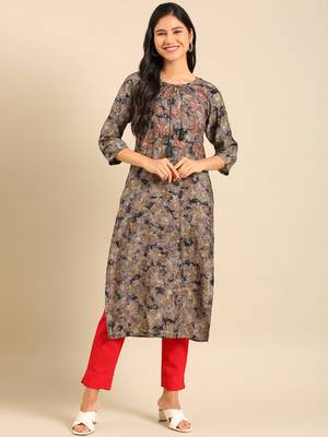women's calf length keyhole neck grey floral straight kurta 4