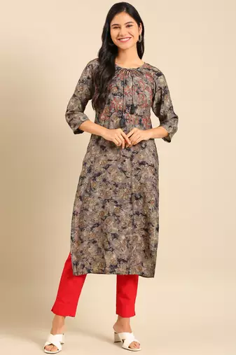 women's calf length keyhole neck grey floral straight kurta