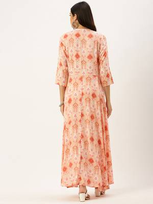 women's ankle length mandarin collar pink abstract anarkali kurta 5