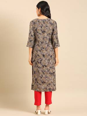 women's calf length keyhole neck grey floral straight kurta 5