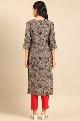 women's calf length keyhole neck grey floral straight kurta