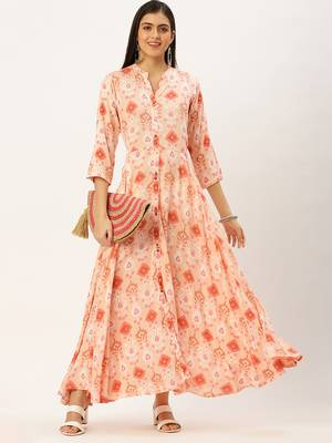 women's ankle length mandarin collar pink abstract anarkali kurta 1