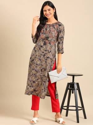 women's calf length keyhole neck grey floral straight kurta 1