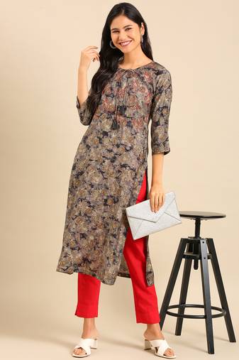 women's calf length keyhole neck grey floral straight kurta