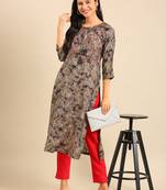 women's calf length keyhole neck grey floral straight kurta