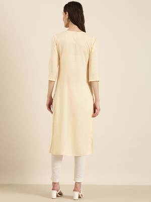 women's calf length round neck peach solid straight kurta 5