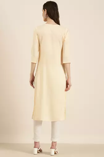 women's calf length round neck peach solid straight kurta