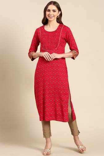 women's calf length scoop neck rose ethnic motifs straight kurta