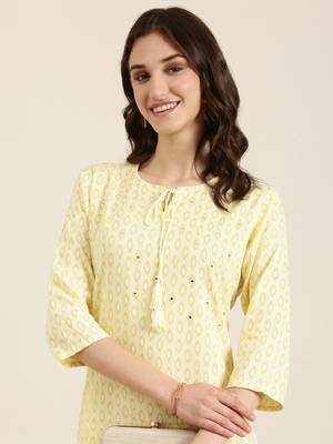 women's calf length tie-up neck yellow geometric straight kurta 1