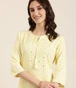 women's calf length tie-up neck yellow geometric straight kurta