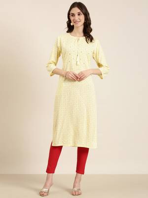 women's calf length tie-up neck yellow geometric straight kurta 2