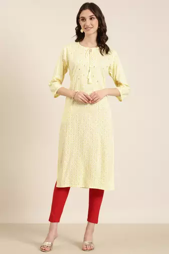 women's calf length tie-up neck yellow geometric straight kurta