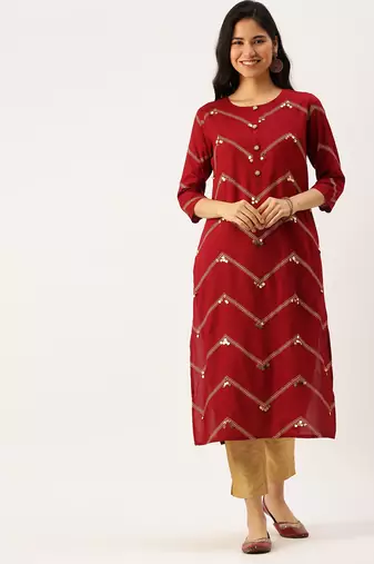 Showoff women's calf length round neck maroon solid straight kurta