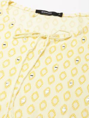 women's calf length tie-up neck yellow geometric straight kurta 3