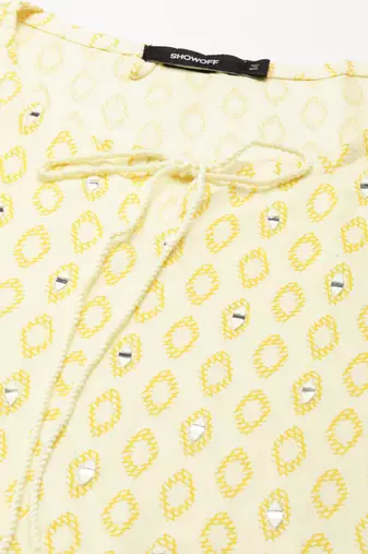 women's calf length tie-up neck yellow geometric straight kurta