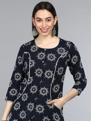 women navy blue cotton ethnic motifs printed a-line kurta 2
