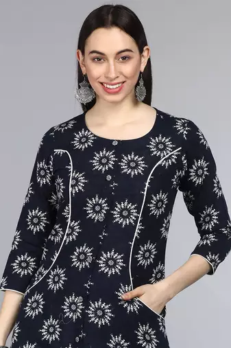 women navy blue cotton ethnic motifs printed a-line kurta
