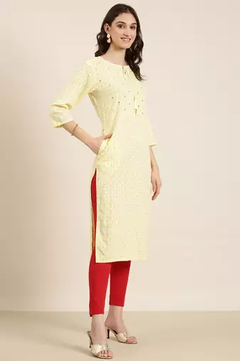 women's calf length tie-up neck yellow geometric straight kurta