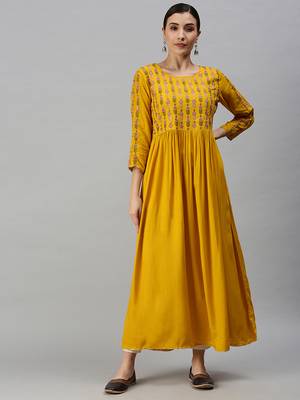 women's ankle length round neck yellow floral anarkali kurta 2
