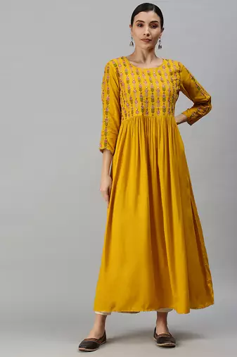 women's ankle length round neck yellow floral anarkali kurta