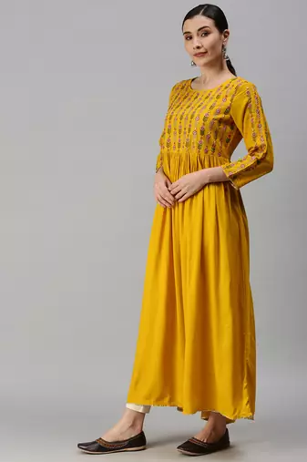 women's ankle length round neck yellow floral anarkali kurta