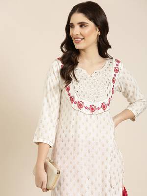 women's knee length round neck off white floral straight kurta 1