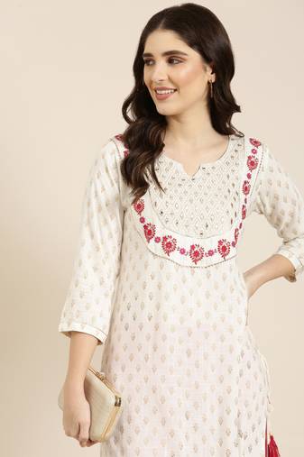 women's knee length round neck off white floral straight kurta