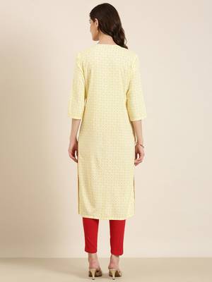 women's calf length tie-up neck yellow geometric straight kurta 5