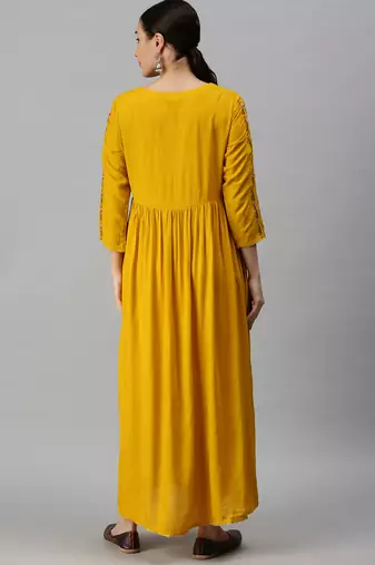 women's ankle length round neck yellow floral anarkali kurta