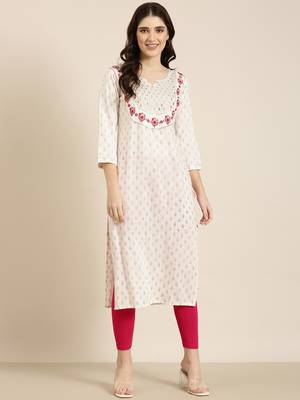 women's knee length round neck off white floral straight kurta 2