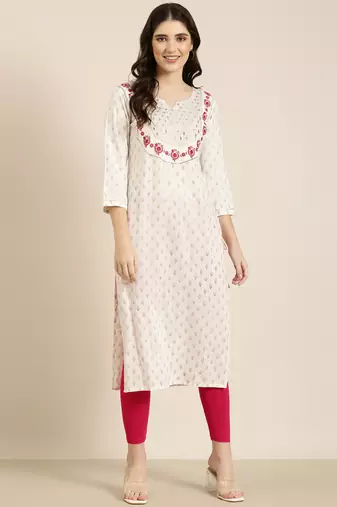 women's knee length round neck off white floral straight kurta