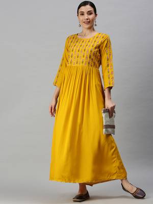 women's ankle length round neck yellow floral anarkali kurta 5