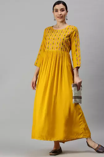 women's ankle length round neck yellow floral anarkali kurta