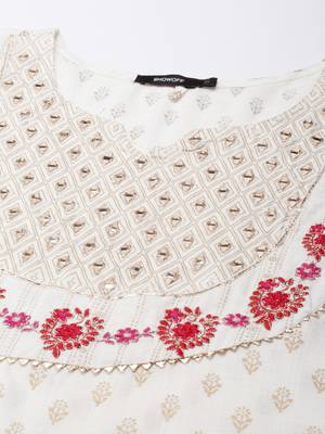 women's knee length round neck off white floral straight kurta 3