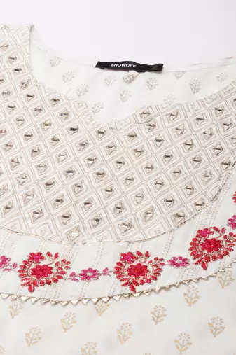 women's knee length round neck off white floral straight kurta