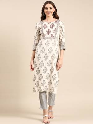 Showoff women's calf length round neck cream floral straight kurta 1