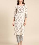 Showoff women's calf length round neck cream floral straight kurta