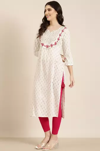 women's knee length round neck off white floral straight kurta