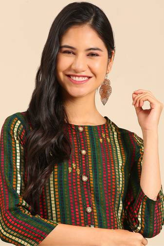 women's calf length round neck multi geometric straight kurta