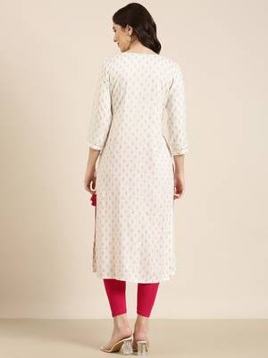 women's knee length round neck off white floral straight kurta 5