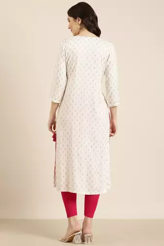 women's knee length round neck off white floral straight kurta