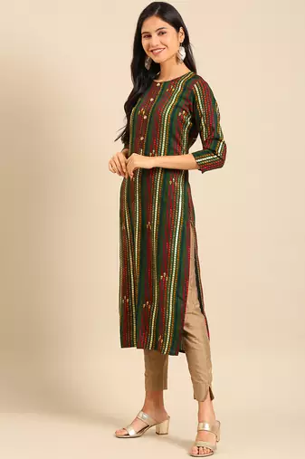 women's calf length round neck multi geometric straight kurta