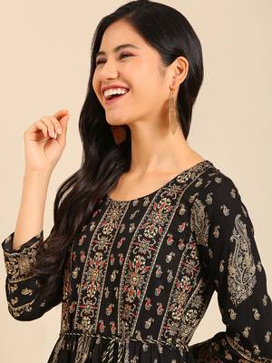 women's ankle length round neck black ethnic motifs anarkali kurta 1