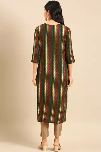 women's calf length round neck multi geometric straight kurta