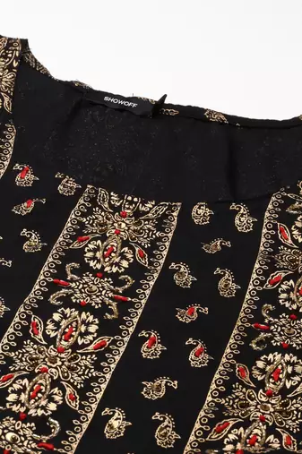 women's ankle length round neck black ethnic motifs anarkali kurta