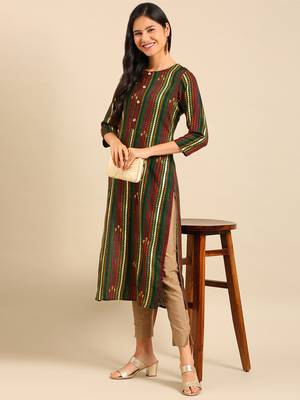 women's calf length round neck multi geometric straight kurta 5