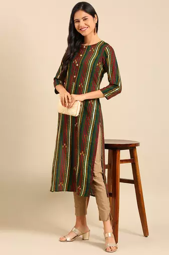 women's calf length round neck multi geometric straight kurta