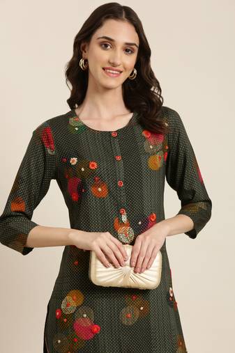 women's calf length round neck green floral straight kurta