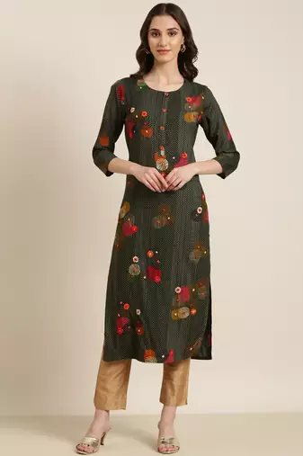 women's calf length round neck green floral straight kurta